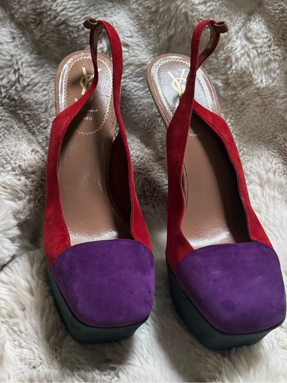 Yves Saint Laurent Two-Tone Red and Purple Suede Platform Slingbacks
